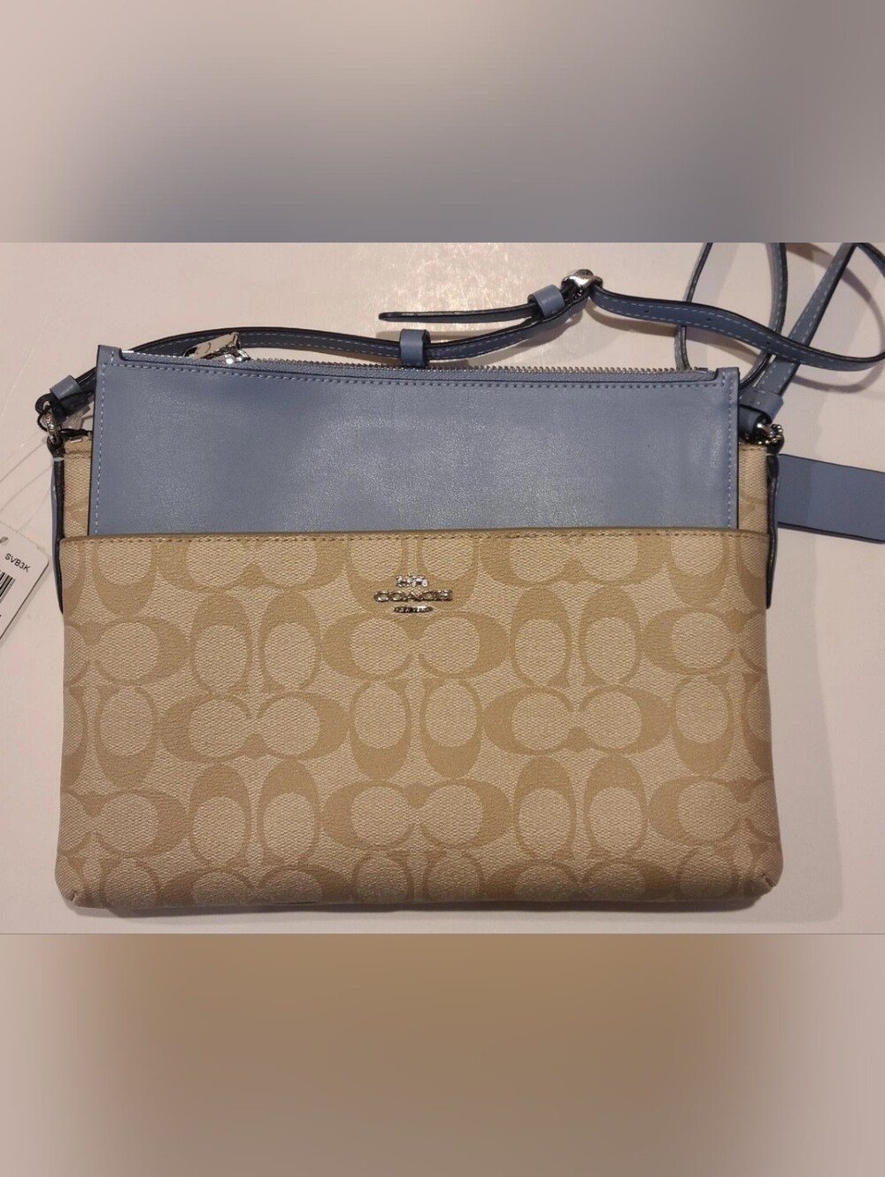Coach Signature Light Khaki & Pool Blue Leather Trim Crossbody NWT